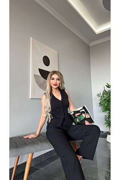 Arv Moda PANTALON VEST SET IMPORTED DABIL FABRIC Women's Buttoned Vest Palazzo Wide Leg Trousers Double Set