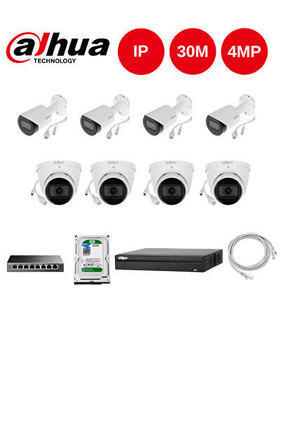 DAHUA 8 Kameralı 2mp Ip Güvenlik Kamerası Seti - 4 Dış 4 Iç Ortam Set - 1tb Hdd