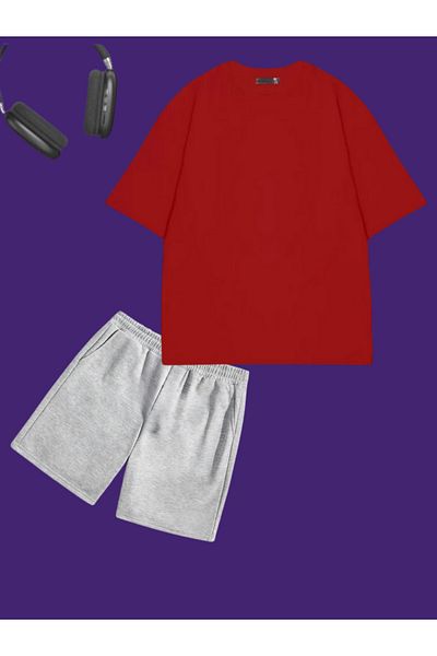 Boi Plain Basic Unprinted Oversize Combed Cotton T-shirt-Regular Fit Shorts Two Pieces T-Shirt-Shorts Set-Bottom-Top Set