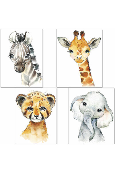 Hayat Poster Set de pictură din lemn cu animale de safari din 4 piese. poster pictura decor pentru camere baieti si fete
