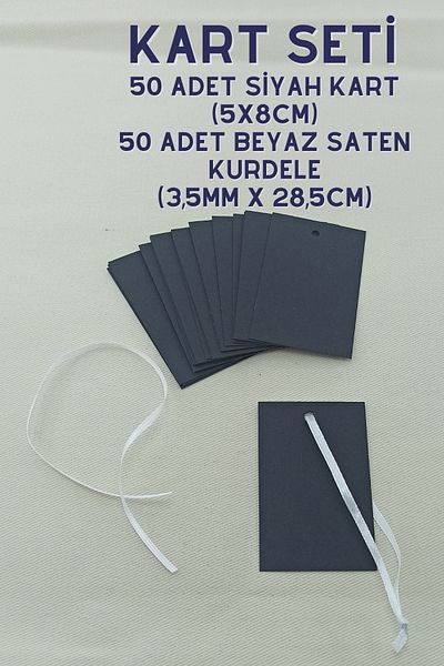 Netsan Etiket 50 Pieces 5 x 8cm Black Card Set + 50 Pieces 3.5mm x 28.5cm White Satin Ribbon