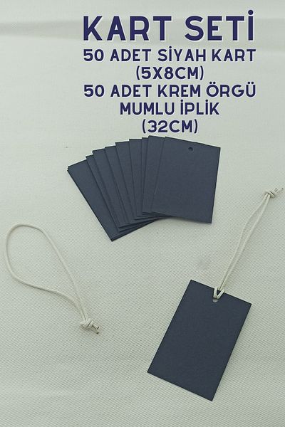 Netsan Etiket 50 Pieces 5 x 8cm Black Card Set + 50 Pieces 32cm Cream Knitted Waxed Thread