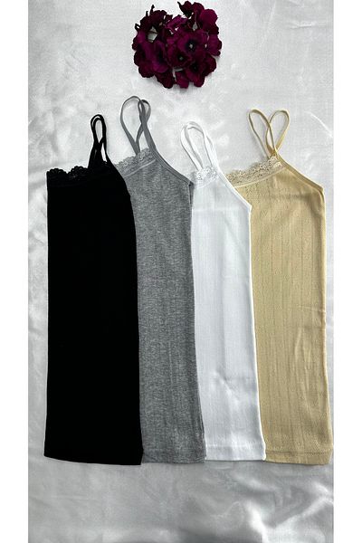 Clara Butik Women's Jacquard Cotton Lace 4-Piece Rope Strap Undershirt