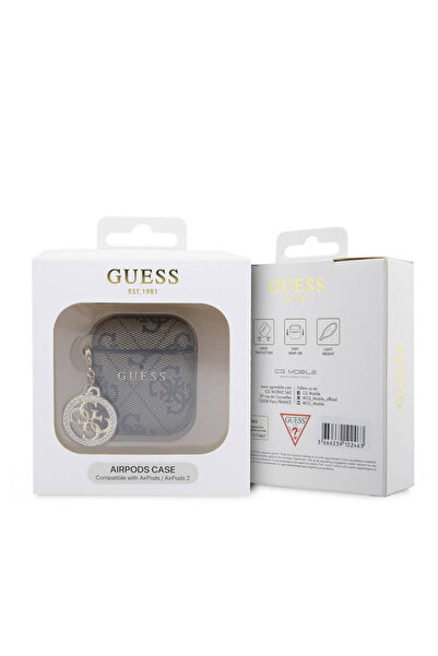 Guess Airpods Uyumlu Kılıf Lisanslı 4G Desenli Taşlı 4G Süs Zincirli Kahverengi