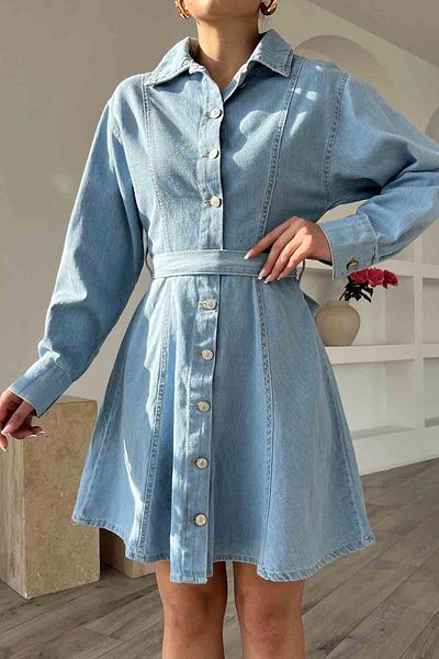 Seda Yalçın Atelier Blue Belted Denim Dress with Button Detail on the Front