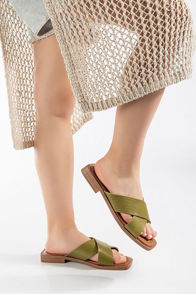 SANDALİ WOMEN'S GREEN GENUINE LEATHER CROSS SLIPPERS