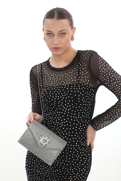 Piedra Material cu piept de culoare platină Capac plic magnetic cu accesorii din piatră Rochie de seară care poate fi folosită cu curea de umăr
