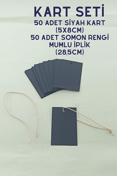 Netsan Etiket 50 Pieces 5 x 8cm Black Card Set + 50 Pieces 28.5cm Salmon Color Waxed Thread