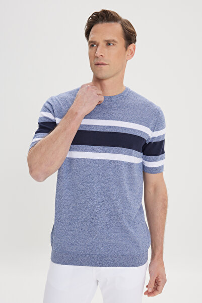 ALTINYILDIZ CLASSICS Чоловічий індиго-синій стандартний крій, нормальний крій, 100% бавовна, смугастий трикотажний футболка з коміром-стійкою