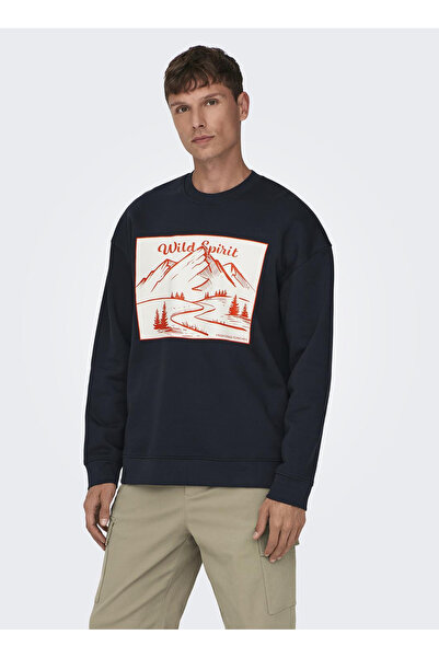 Only & Sons O Yaka Lacivert Erkek Sweatshırt 22027043_onselı Rlx Contrast Prınt