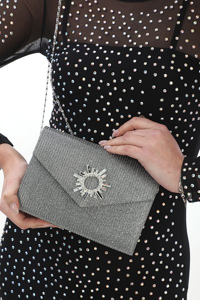 Piedra Material cu piept de culoare platină Capac plic magnetic cu accesorii din piatră Rochie de seară care poate fi folosită cu curea de umăr