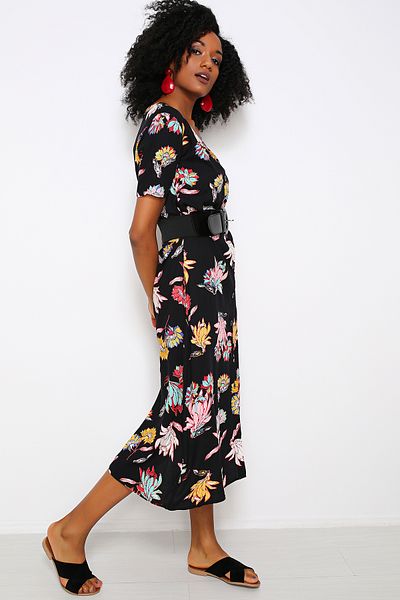 AVORWE V-Neck Front Button Floral Short Sleeve Midi Dress