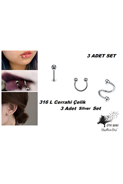 Öte Beri 316l Cerrahi Çelik Antialerjik Dudak Kulak Burun Kaş 8 mm 3 Adet Pie...
