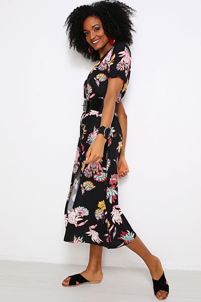 AVORWE V-Neck Front Button Floral Short Sleeve Midi Dress