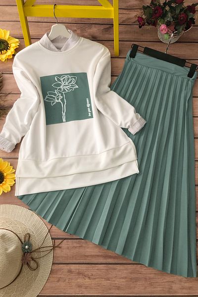 MODAQU Floral Pattern Skirt Blouse Set - Green