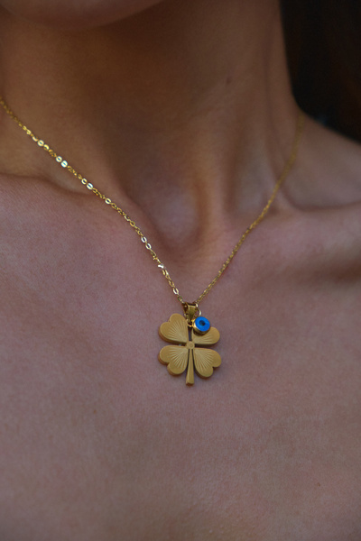 ByFlorya Jewelry Çelik Yonca Kolye Nazar Boncuklu Dört Yapraklı Yonca Arkadaş...