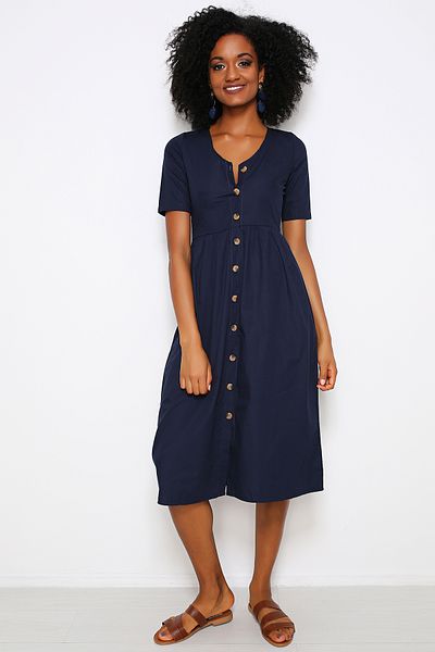 AVORWE V-Neck Front Button Short Sleeve Midi Dress
