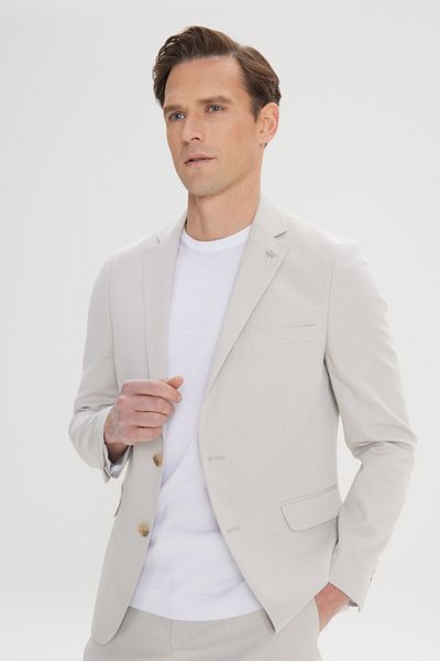 ALTINYILDIZ CLASSICS Men's Beige Slim Fit Slim Fit Mono Collar Cotton Diagonal Patterned Suit