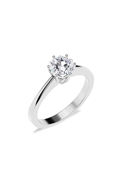 İNDİGO TAKI Altıgen Tek Taş Pırlanta Montür Beyaz Gümüş Yüzük