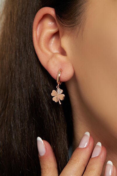 Erdobia Zirkon Taşlı Rose Dört Yapraklı Yonca Halka Gümüş Küpe