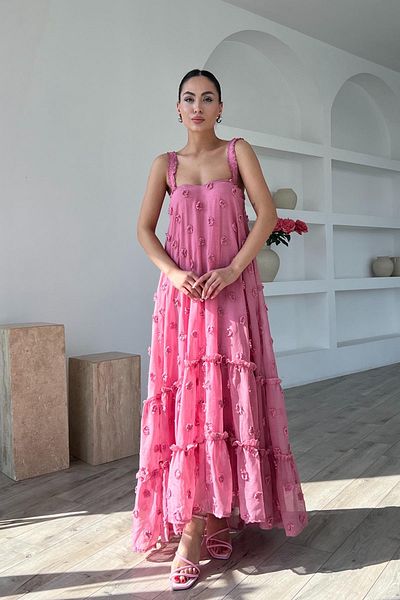 Seda Yalçın Atelier Pink Strappy Embroidered Tulle Dress