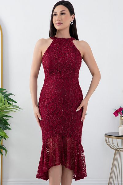 PULLIMM C Neck Glittery Lace Short Evening Dress 13299