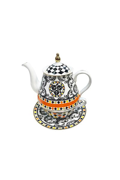 Lucky Art Margery Bone Single Porcelain Teapot and Cup Set - Baroque Pattern