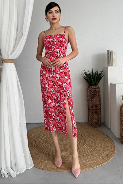 lovebox Жіноча сукня-футляр з квітковим принтом, з зав'язкою на спині та розрізом, з бретельками, довжина до коліна, 242