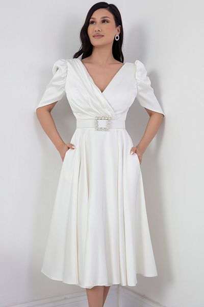 PULLIMM Satin Belted Double Breasted Collar Dress - DNS1520