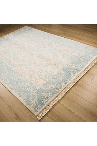 Halıcızade Fiber Serisi Damask Desenli El Dokuma Halı-fıber Beıge Blue Border