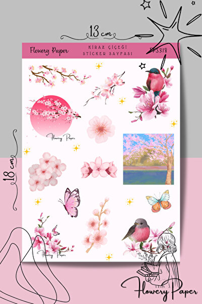 Flowery Paper Kiraz Çiçeği Sticker Sayfası - Defter ,Ajanda , Journal,Scrapbo...