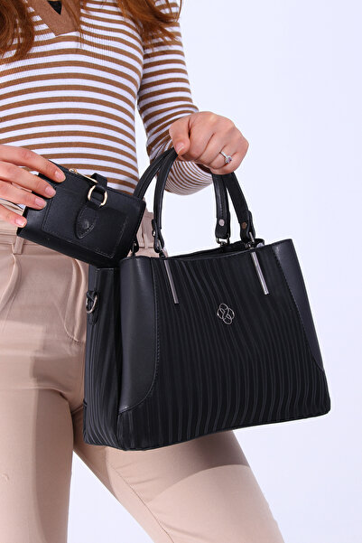 By Hakan Dm-1244 Çizgili Cüzdan Kombinli Kadın El Ve Omuz Çantası Siyah