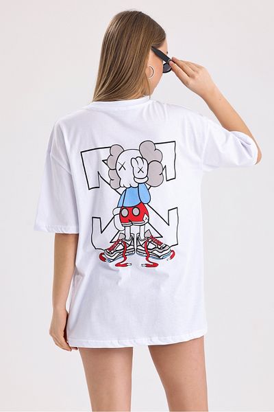 MD trend Women's Front and Back Off White Printed Cotton Oversize T-Shirt