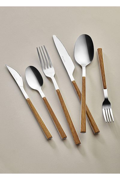 The Mia Wooden Fork Spoon Knife Set Silver 36 Pieces