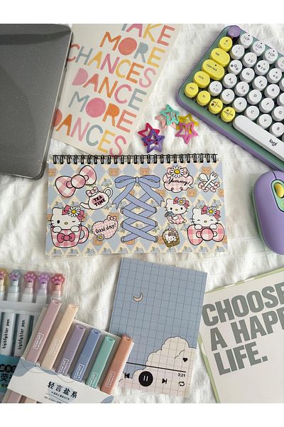 Planet Butik Sanrio Hello Kitty Y2k Kpop Kawaii Σχεδιασμένο χαριτωμένο πληκτρολόγιο γάτας - Μπλοκ σημειώσεων Weekly Planner μπροστά