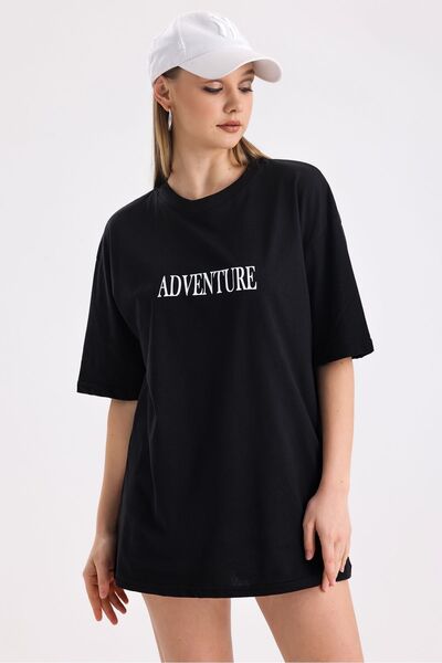 MD trend Tricou supradimensionat din bumbac cu imprimeu aventură față și spate pentru femei
