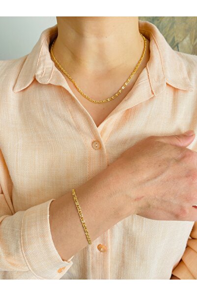 xesha Altın Kaplama Kolye Bileklik Seti Gold Renk 2 li Kolye Seti Kadın Zincir Kolye ve Bileklik