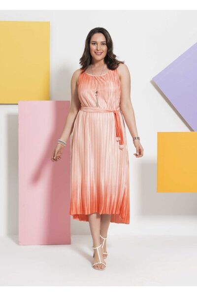 Even Plus Size - Büyük Beden Kadın Giyim Kadın Turuncu Parlak Pliseli Büyük B...