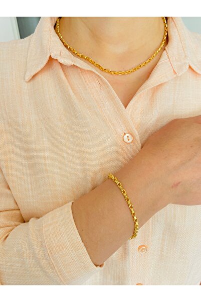 xesha Altın Kaplama Kolye Bileklik Seti Gold Renk 2 li Kolye Seti Kadın Zincir Kolye ve Bileklik
