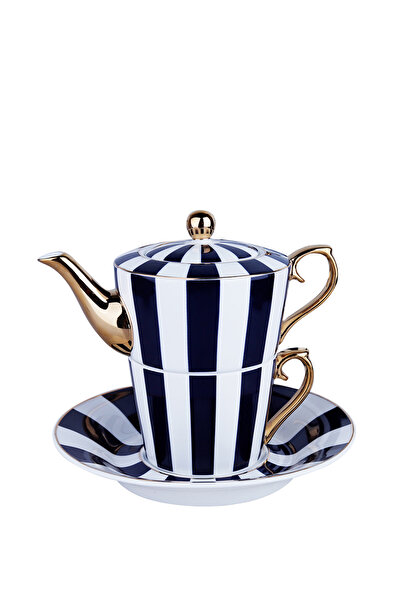 Lucky Art Odilia Siyah Beyaz Çizgili Tek Kişilik Porselen Demlik Fincan Seti