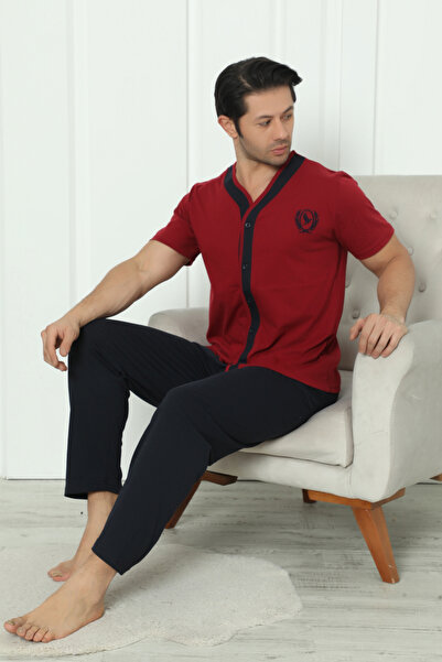 Wordex Flk 8180 Бавовняний трикотажний чоловічий піжамний комплект з короткими рукавами та ґудзиками