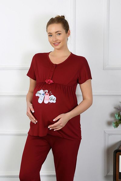 Akbeniz Dámské těhotenské pyžamo s krátkým rukávem Claret Red 45210