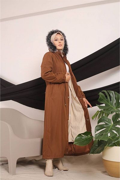 moda periy Long Hijab Coat with Fur Inside Fleece Hat and Reverse Pocket Cover