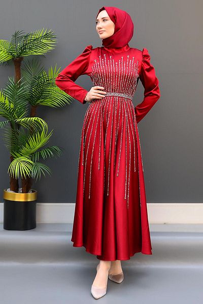 GİZ AGİYİM Sun Hijab Evening Dress Claret Red