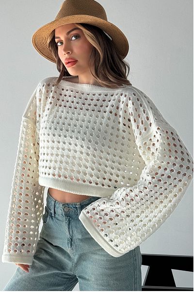 MODAGEN Women's Boat Neck Perforated Openwork Crop Knitwear Blouse