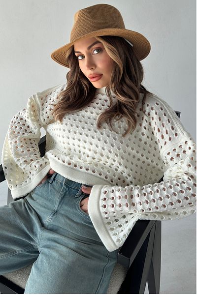 MODAGEN Women's Boat Neck Perforated Openwork Crop Knitwear Blouse