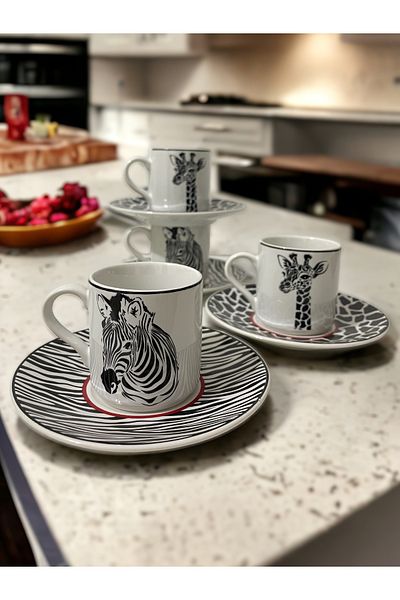 Artistic Quality Decorative Stylish Design Black and White Zebra and Giraffe Motif 4-Person Coffee Cup Set