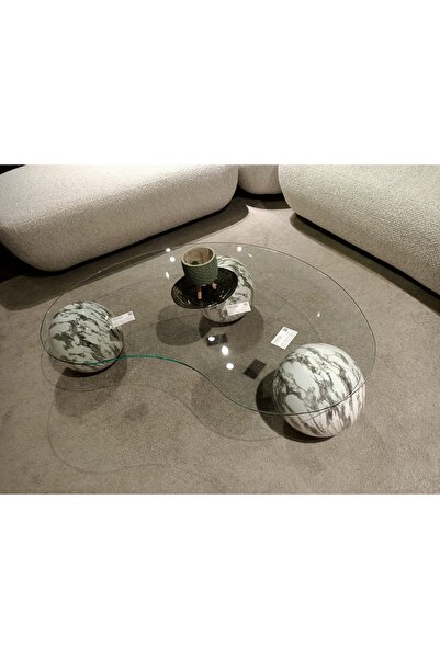 PUFHOME SİENA TOP AYAKLI CAMLI ORTA SEHPA - MERMER GÖRÜNÜMLÜ