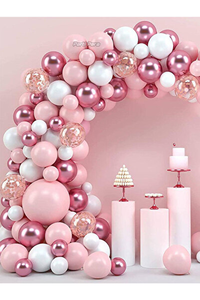 parti pera Makaron Pembe Beyaz Krom Pembe Konfetili Balon Zincir Seti