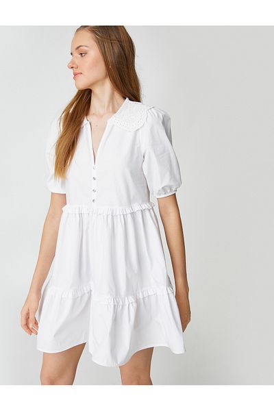 Koton Mini Poplin Shirt Dress with Balloon Sleeves, Baby Collar, Buttons